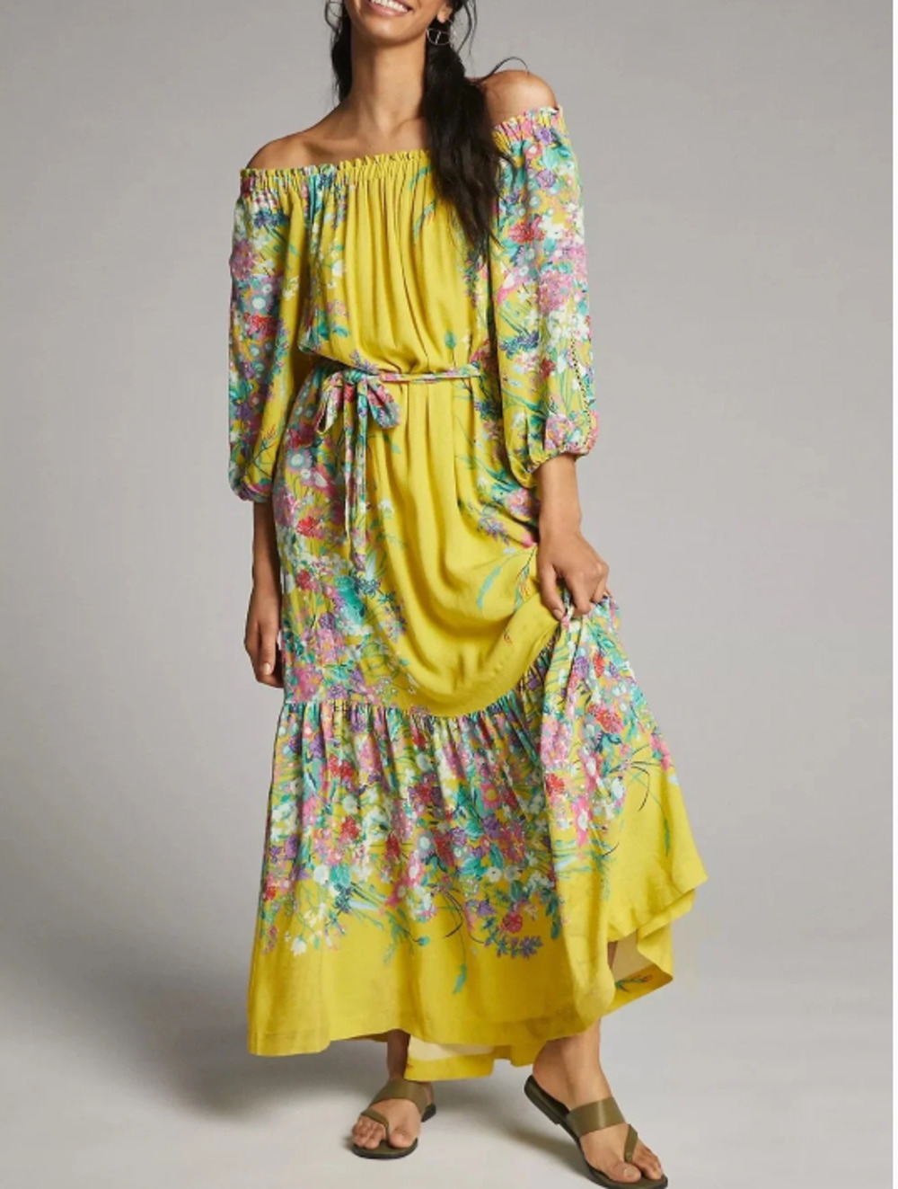 Anthropologie Sz S Eliora Off The Shoulder Boho Maxi Dress Yellow Floral Print